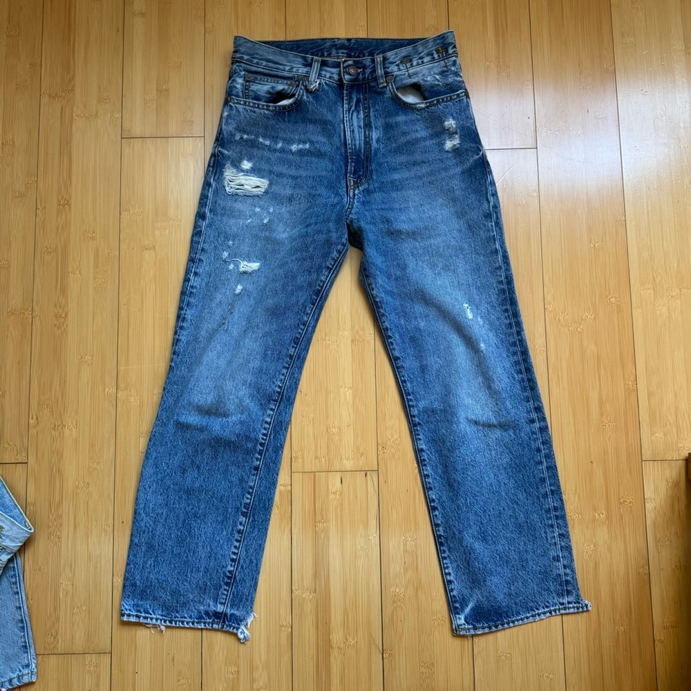R13 Boyfriend Jeans Classic Blue Distressed Bain with Rips Size 25